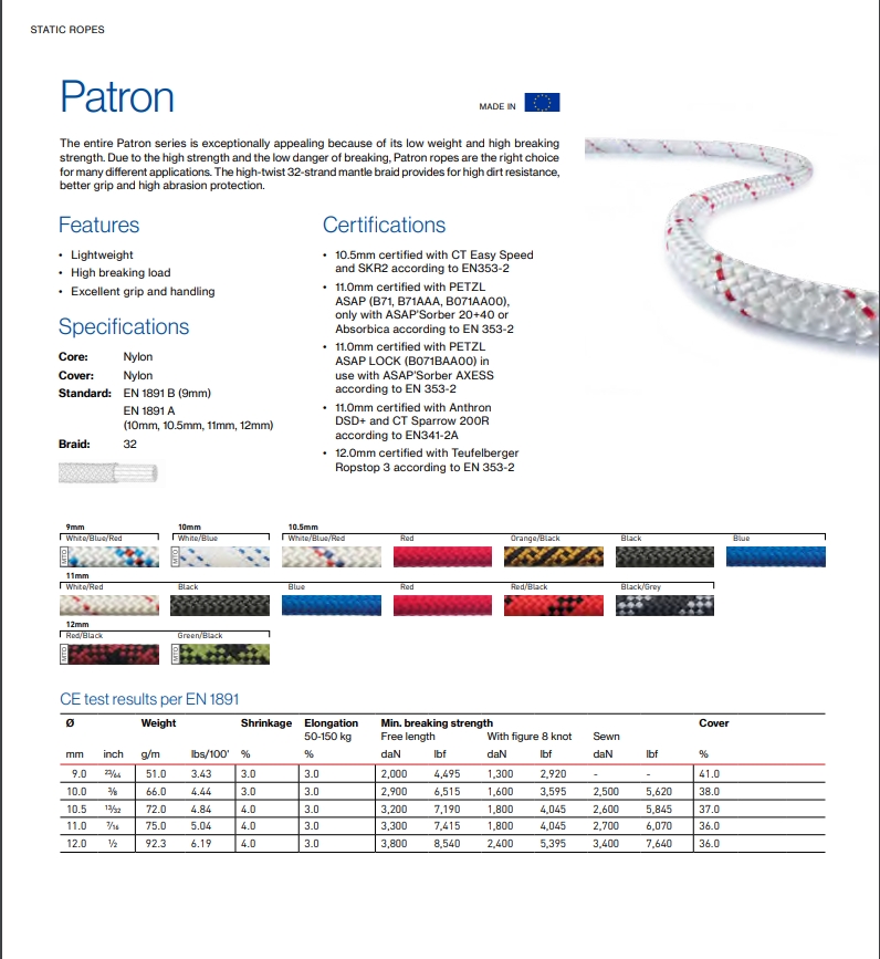 Patron Static rope 11MM.200M อุปกรณ์เซฟตี้ อุปกรณ์เพื่อความปลอดภัยส่วนบุคคล